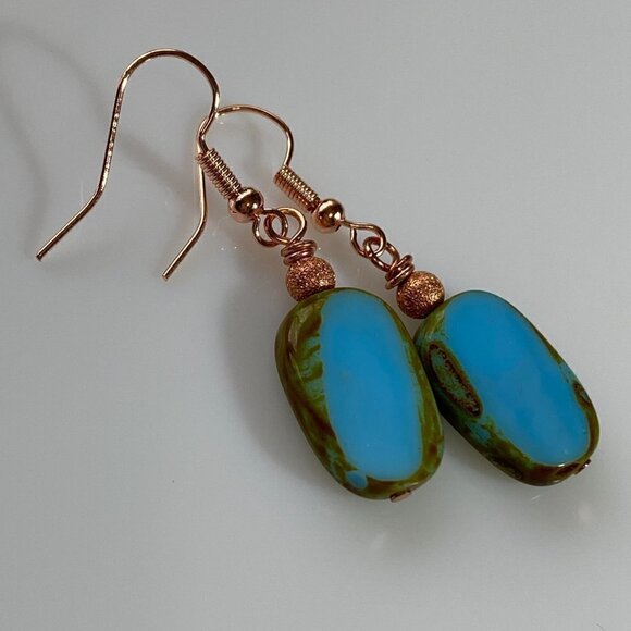 ❤️ Turquoise Picasso Czech Pressed Table Cut Glass Earrings - Picture 9 of 10